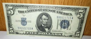 1934 D $5 Lincoln Silver Certificate Five Dollar Bill Blue Seal S95522715a