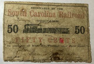 4/1/1864 50 Cents Note South Carolina Railroad Co.  Cut Cancel,  Torn,  Repairs.  17