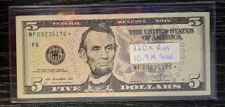 Low Print Run $5 Five Dollar Bill Star Note Rare 2013 Mf03235176✯ 320k Run