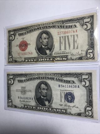 1928 Red Seal 5 Dollar Bill & 1953 5 Dollar Silver Certificate