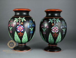 Antique 19th Century Prattware Porcelain Black Enamelled Vases
