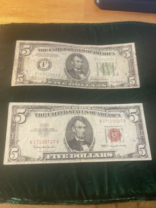 1934,  1963 Five Dollar Bill Circulated 63 Red Seal Note