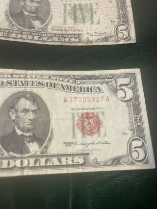 1934,  1963 Five Dollar Bill Circulated 63 Red Seal Note 3
