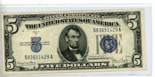 1934 - D Us 5 Five Dollar Bill Silver Certificate Blue Seal 1429