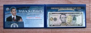 Barak Obama " Limited Edition " Inauguration Legal Gold Overlay $5 Bank Note