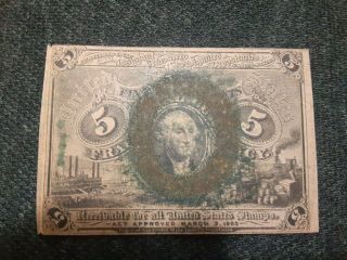 U.  S 5 Five Cent Fractional Currency 2nd Issue Washington Note