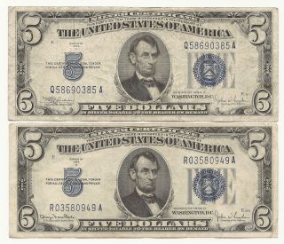 1934 - C 1934 - D $5 Dollar Bill Silver Certificate 2 Notes 385a