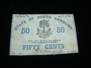 1863 State Of South Carolina 50 Cents Banknote Fine