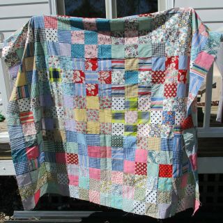 Vintage Patchwork Quilt Top Only Unfinish Square 84x64 Gingham Polka Dot Flowers