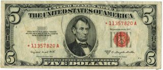 1953 B $5.  00 Red Seal Star Legal Tender Note Fr 1534 - A ☆☆ Circulated ☆☆ 820