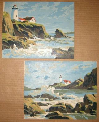 (2) Vintage " Paint By Numbers " Un - Framed Lighthouse/ocean Scenery Painting