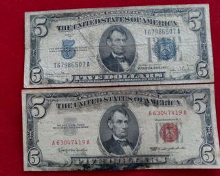 Us Paper Money 5 Dollar Bull 1934 D & 1963 Five Dollar Bill