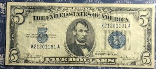 1934 - A Us 5 Five Dollar Bill Silver Certificate Blue Seal Collector Note