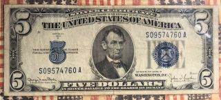 1934 - D Us 5 Five Dollar Bill Silver Certificate Blue Seal Collector Note