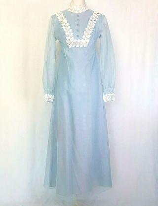 Vintage 1970s Prairie Dress Gunne Sax Style Dress - Baby Blue Flocked Dot Cute