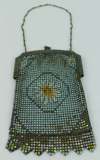 Antique Whiting & Davis Enamel Mesh Purse Mosaic Frame Handbag Metal Chain