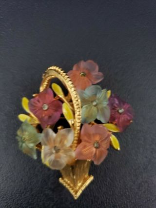 Vintage Signed Art Flower Basket Glass Flowers And Enamel Brooch