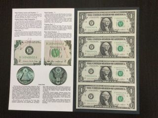 Uncut Sheet Of 4 Federal Reserve $1 Bill Note 1985 Bep Cu W/ Blank Order Sheet