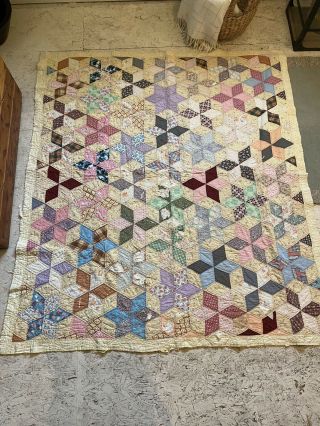 Antique/vintage Tattered Patchwork 6 Point Star Hand Sitched Quilt