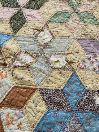Antique/Vintage tattered patchwork 6 point star hand sitched quilt 2