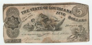 Civil War Era Louisiana Five Dollar Note 1863