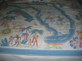 Vintage Florida Table Cloth,  53 " X 44 ".  Landmarks On Corners,  Map Middle