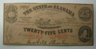 State Of Alabama 25 Cents Bill Note Obsolete Currency Banknote Confederate 1863