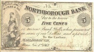 Massachusetts Northborough Bank 5 Cents Obsolete Currency Banknote 1862