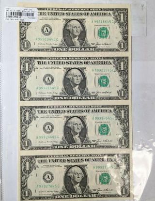 1985 - Set Of 4 $1 Notes Uncut Sheet Unc - 175119s