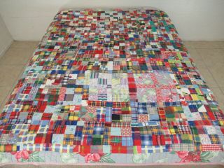 Vintage Feed Sack & Shirting Cotton Four Patch Rustic Hand Made Quilt; 81 " X 66 "