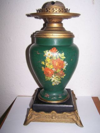 Antique Cast Iron & Glass Oil Lamp Manhattan Brass Burner