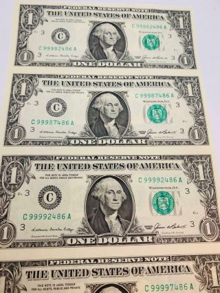 1985 $1 Dollar Bill U.  S Paper Currency Notes Uncut Sheet Of 4 2