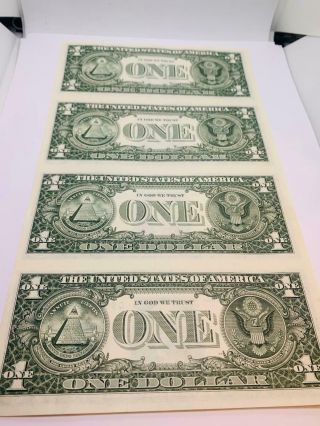 1985 $1 Dollar Bill U.  S Paper Currency Notes Uncut Sheet Of 4 3