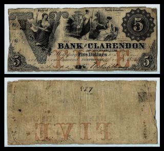 1855 Fayetteville North Carolina Bank Of Clarendon $5 Obsolete Currency