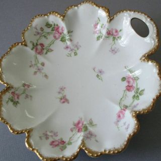 Antique Haviland Porcelain 9 " Scalloped Bowl Pink Roses Schleiger 39 W Gilt Trim