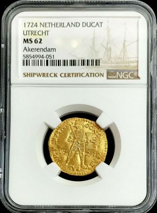 1724 Netherland Voc Gold Ducat Salvaged 1725 Akerendam Shipwreck Coin Ngc Ms 62