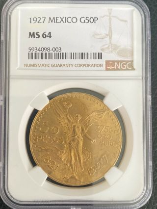 1927 Mexico Gold 50 Pesos Ngc Ms 64