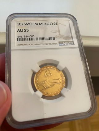 Mexico: Republic gold 2 Escudos 1825 Mo NGC AU 55 Rare Mexico Gold Coin 2