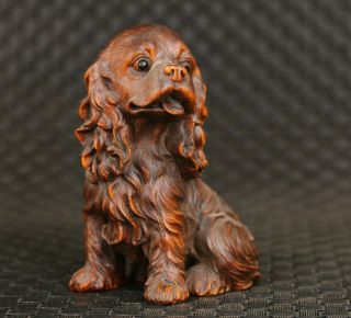 Rare Japanese Boxwood Hand Carved Dog Figure Statue Netsuke Collectable