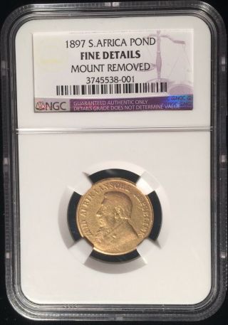 South Africa 1897 Gold Pond Sovereign Ngc Fine Details Mount Removed.  2352 Agw