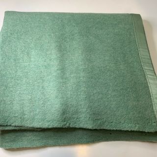 Vintage Wool Blanket Green Thermal Full Satin Trim Kenwood Wool Products 86x76