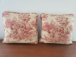 Pair Vintage Waverly Red Cream Pastoral Toile Throw Pillows 16in French Country
