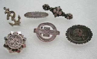 6 Lovely Antique Victorian Sterling Silver Brooches