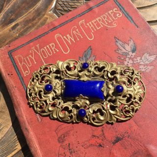 Large Antique 1920’s Art Deco Czech Lapis Blue Glass Ornate Gilt Brass Brooch