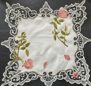Victorian Style Society Silk Hand Embroidered Doily Pink Roses Needle Lace
