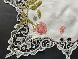 Victorian Style Society Silk Hand Embroidered Doily Pink Roses Needle Lace 2
