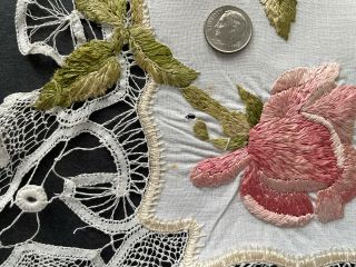 Victorian Style Society Silk Hand Embroidered Doily Pink Roses Needle Lace 3