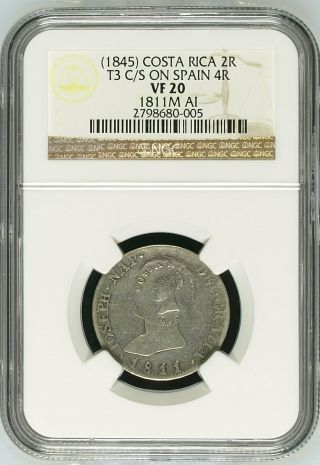 Costa Rica 1845 2 Reales Km - 40 T3 Countermark On Spain 4 Reales Ngc Vf 20