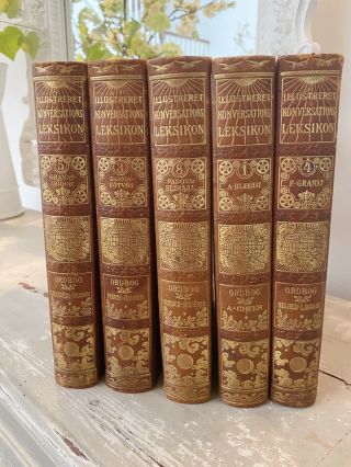 Set Of 5 - Swedish Antique 19th Century Leather Bound Collectors Books