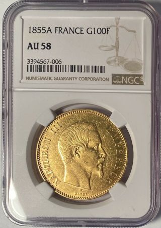 France 1855 - A Gold 100 Francs Ngc Au58 — 0.  9334 Agw